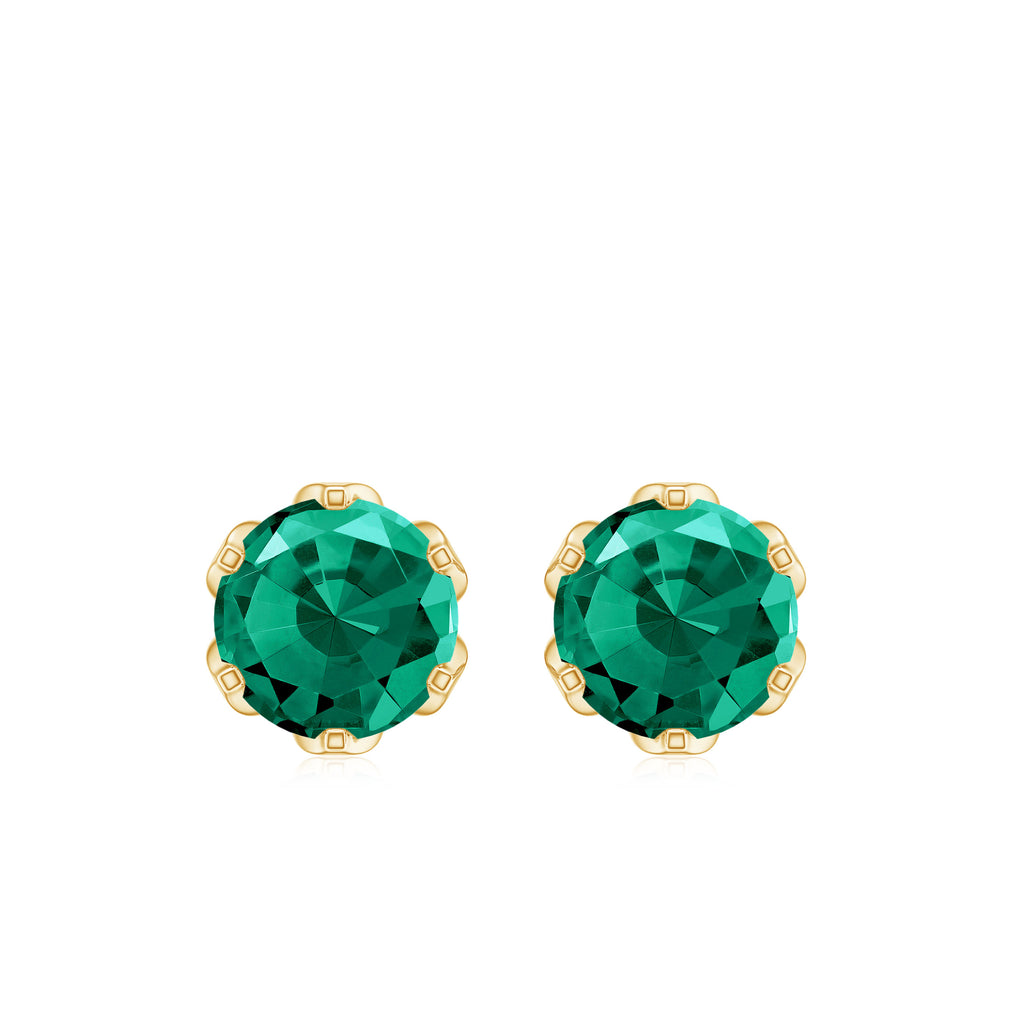 6 MM Round Cut Created Emerald Solitaire Stud Earrings in Lotus Basket Setting Lab Created Emerald - ( AAAA ) - Quality - Rosec Jewels