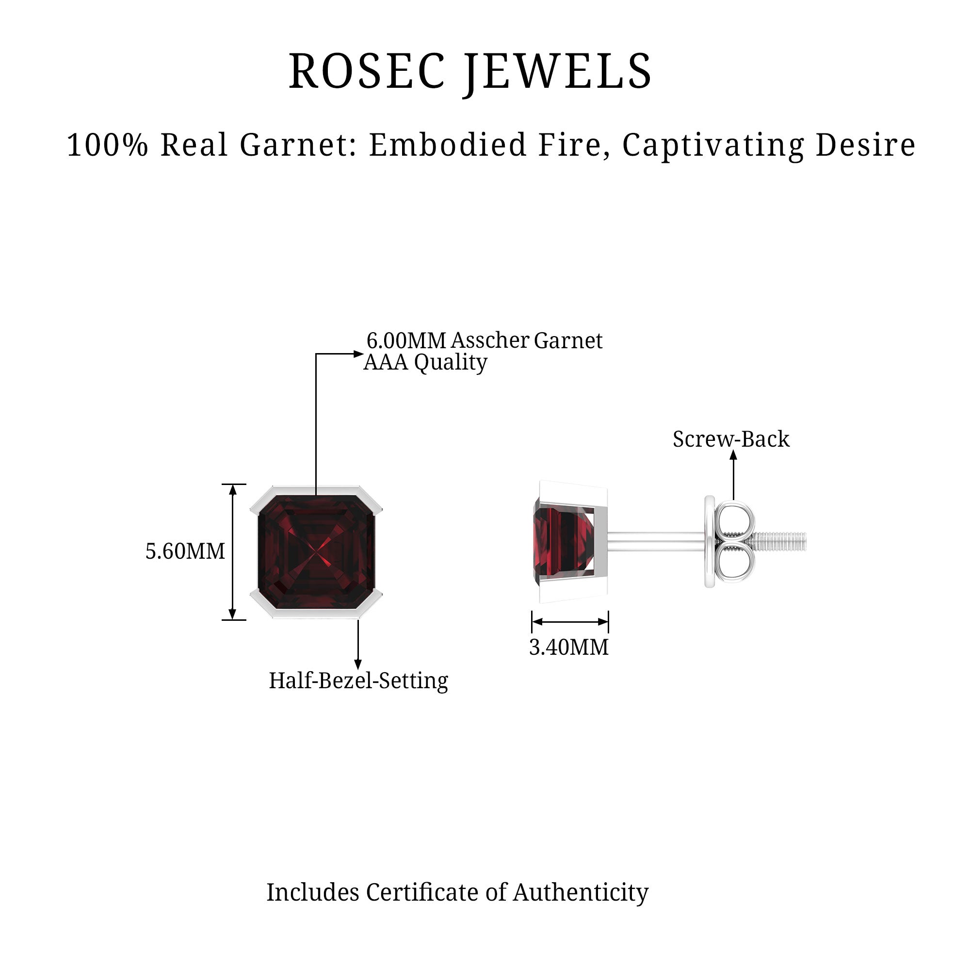 2.50 CT Asscher Cut Garnet Solitaire Half Bezel Set Stud Earrings Garnet - ( AAA ) - Quality - Rosec Jewels