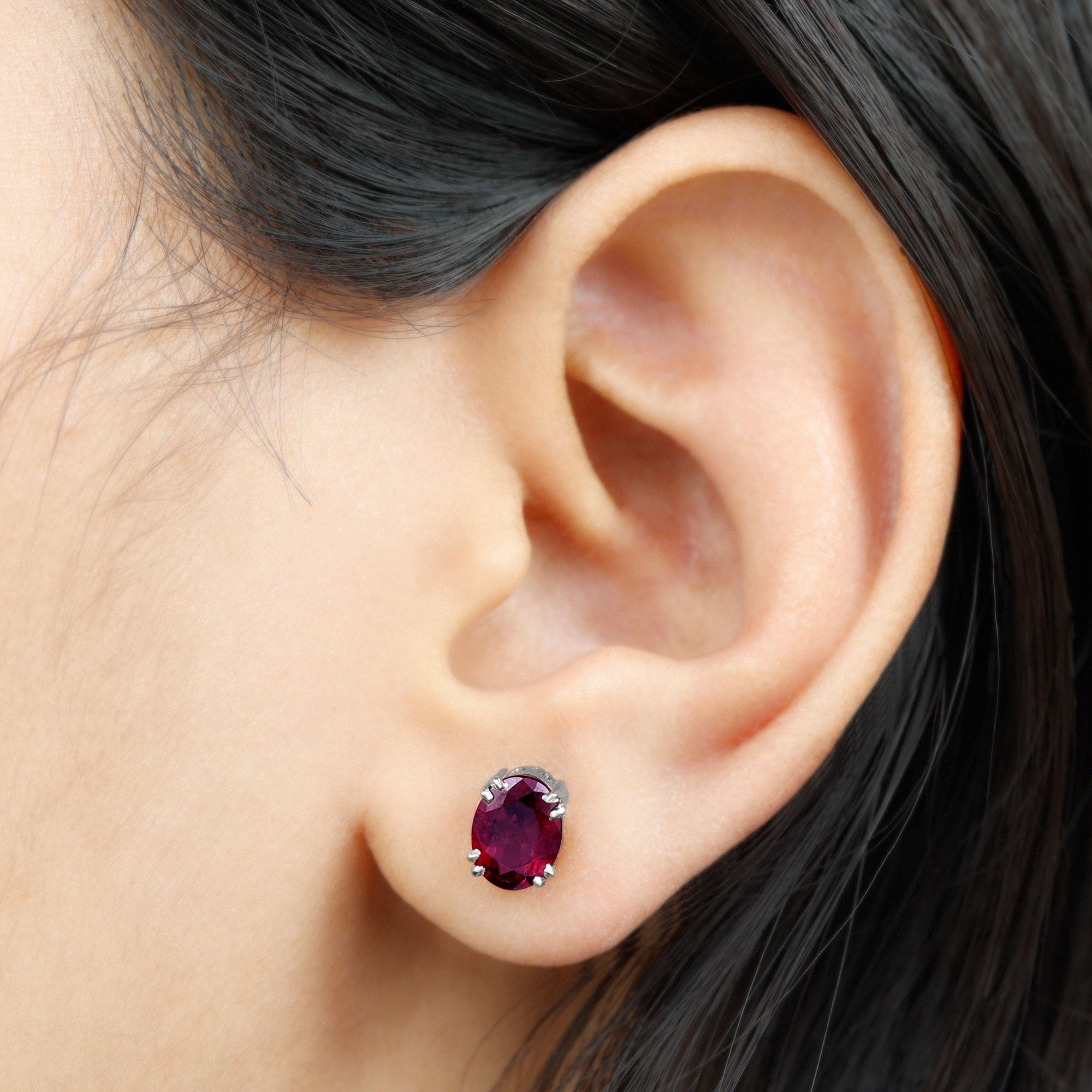 Oval Cut Rhodolite Solitaire Stud Earrings in Double Claw Setting Rhodolite - ( AAA ) - Quality - Rosec Jewels