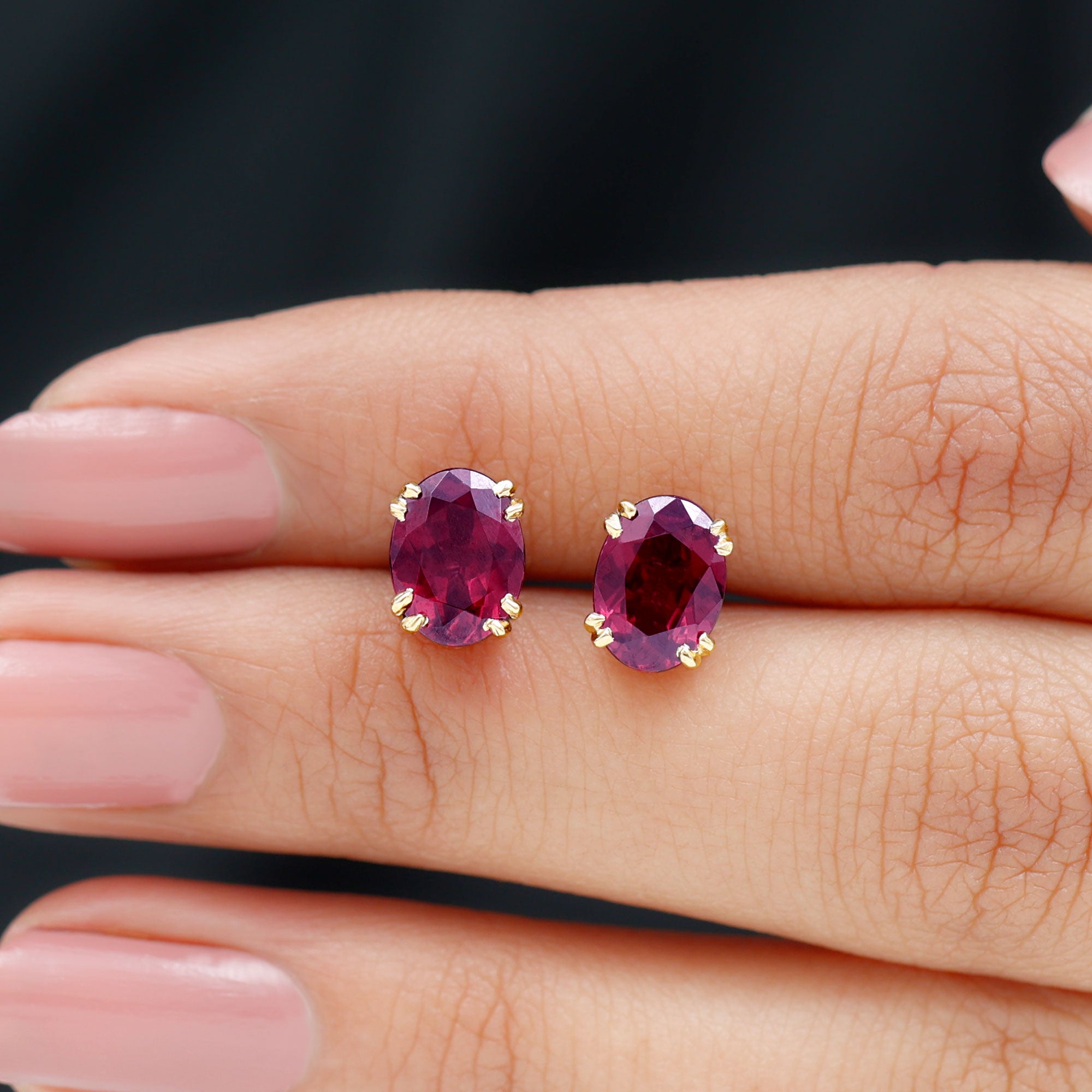Oval Cut Rhodolite Solitaire Stud Earrings in Double Claw Setting Rhodolite - ( AAA ) - Quality - Rosec Jewels