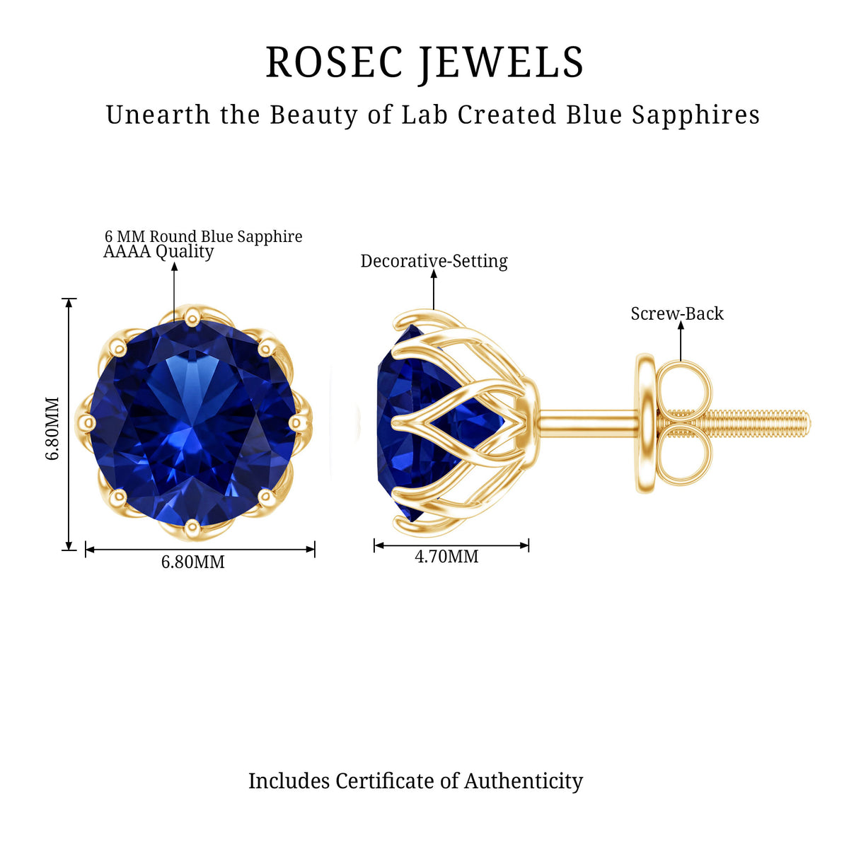 Round Lab Created Blue Sapphire Stud Earrings in Decorative Setting AAAA - Rosec Jewels