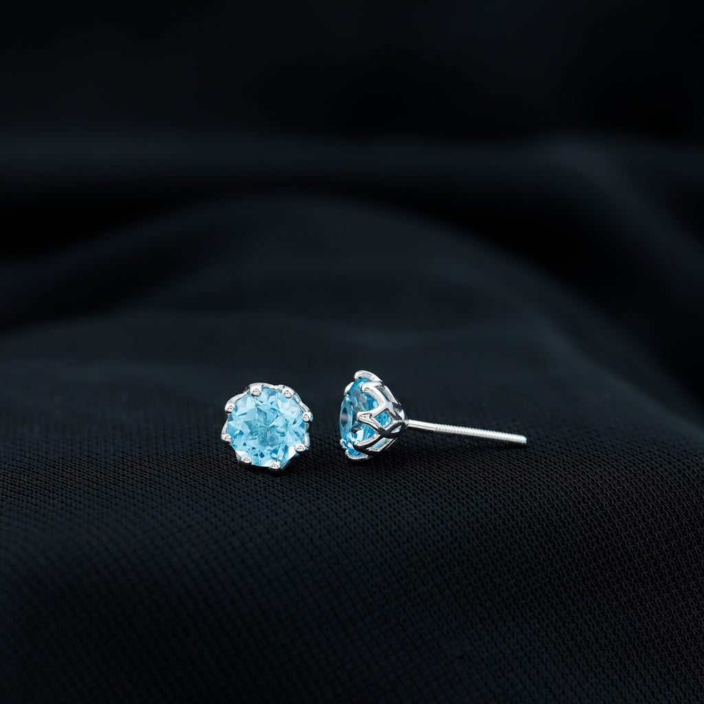 6 MM Decorative Swiss Blue Topaz Solitaire Stud Earrings in Silver - Rosec Jewels