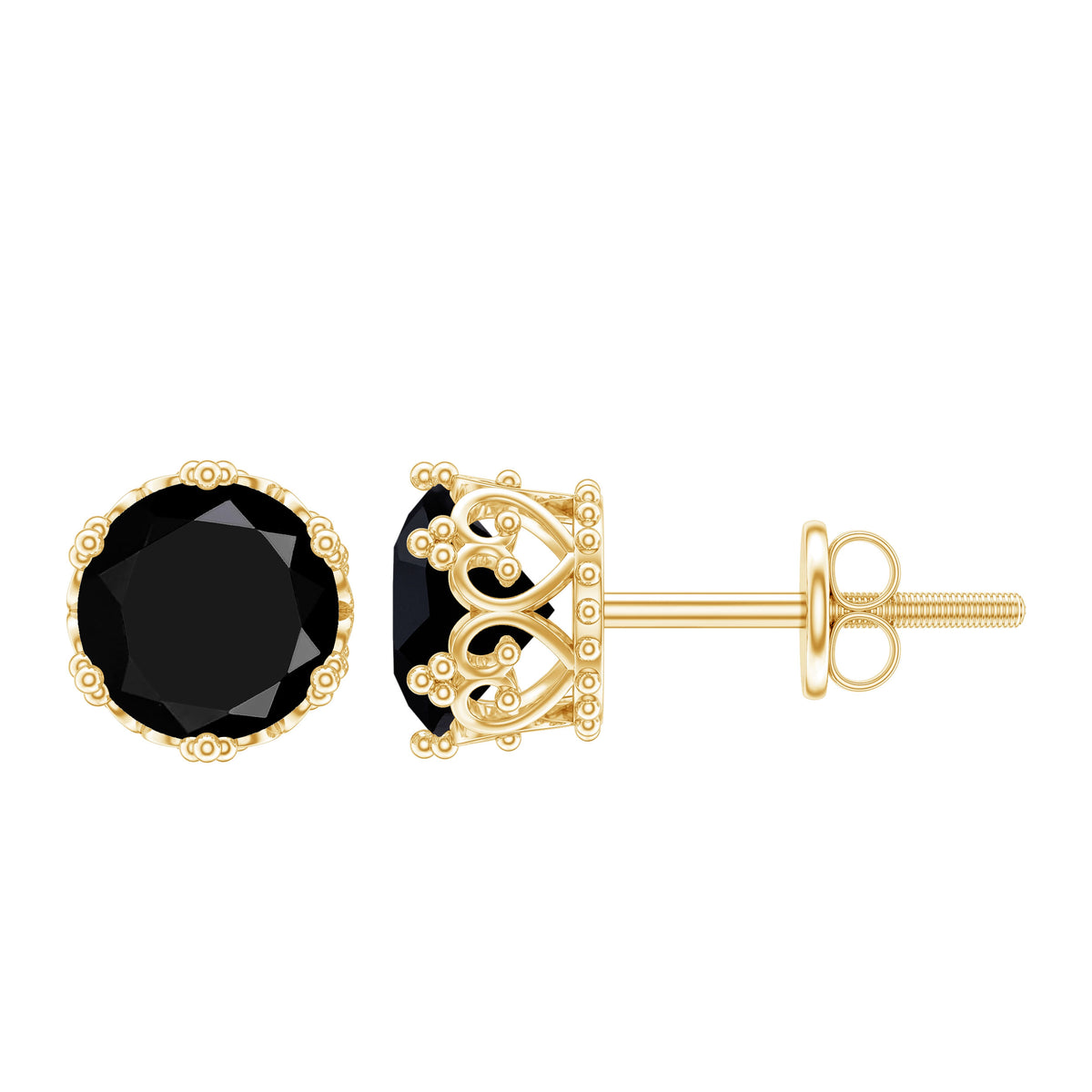Genuine Black Onyx Crown Stud Earrings with Screw Back AAA - Rosec Jewels