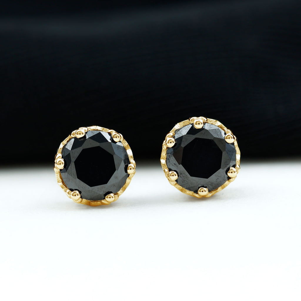 6 MM Crown Set Created Black Diamond Solitaire Stud Earrings For Women Lab Created Black Diamond - ( AAAA ) - Quality - Rosec Jewels