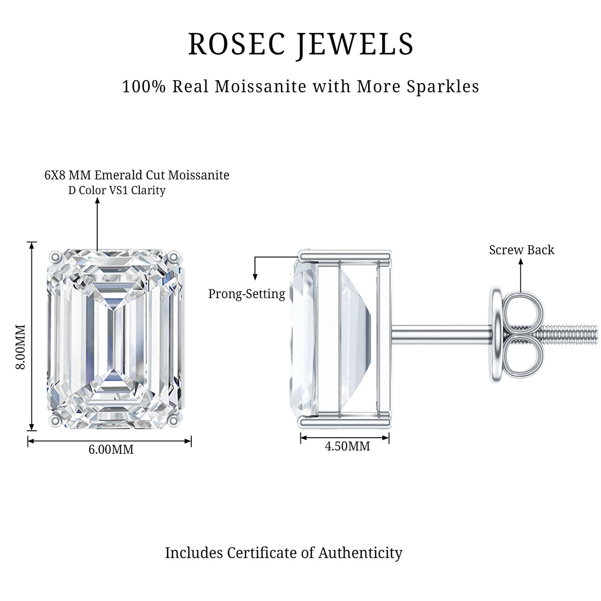 Certified 3.7 Carat Moissanite Emerald Cut Stud Earrings in Silver D-VS1 92.5 Sterling Silver - Rosec Jewels