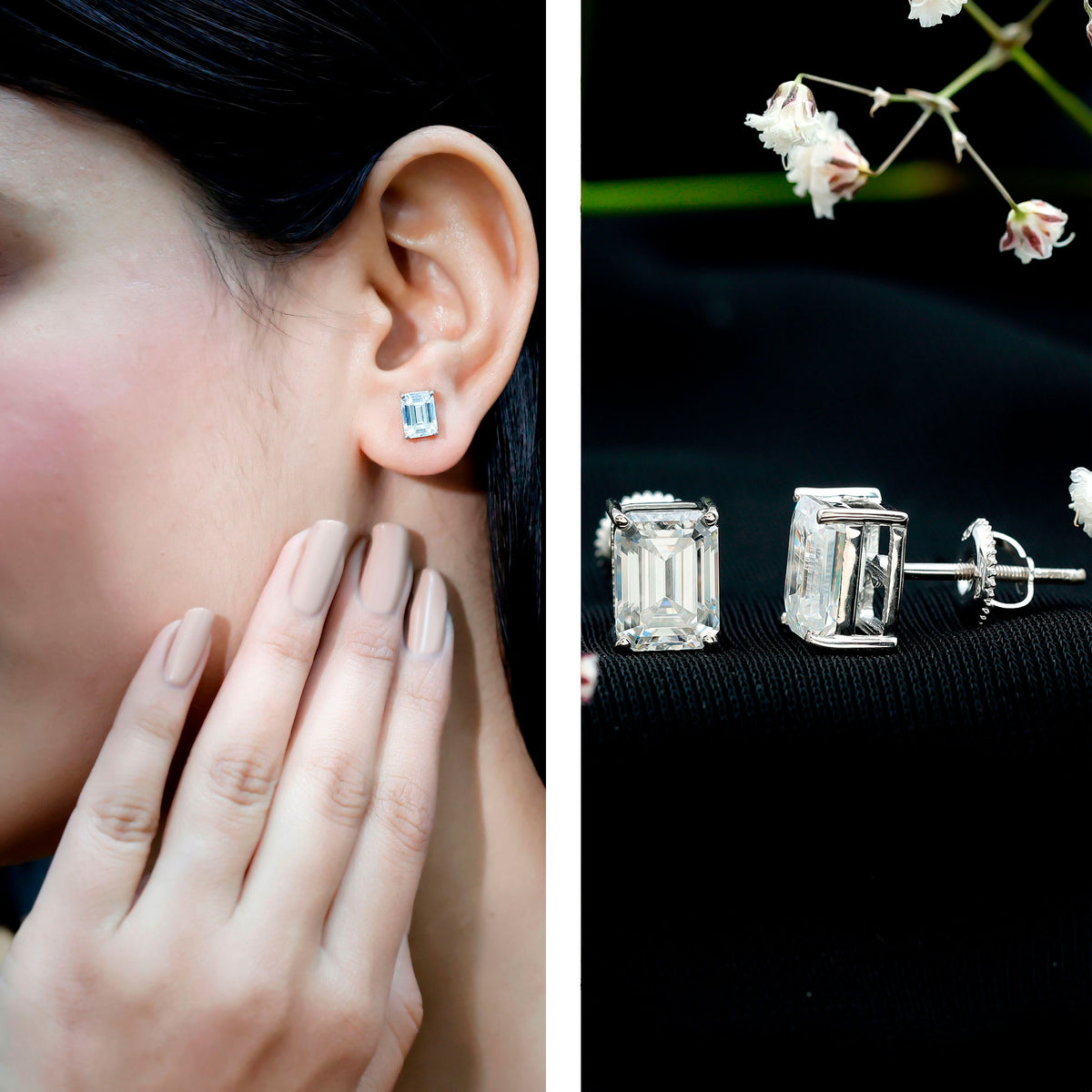 Certified 3.7 Carat Moissanite Emerald Cut Stud Earrings in Silver D-VS1 92.5 Sterling Silver - Rosec Jewels
