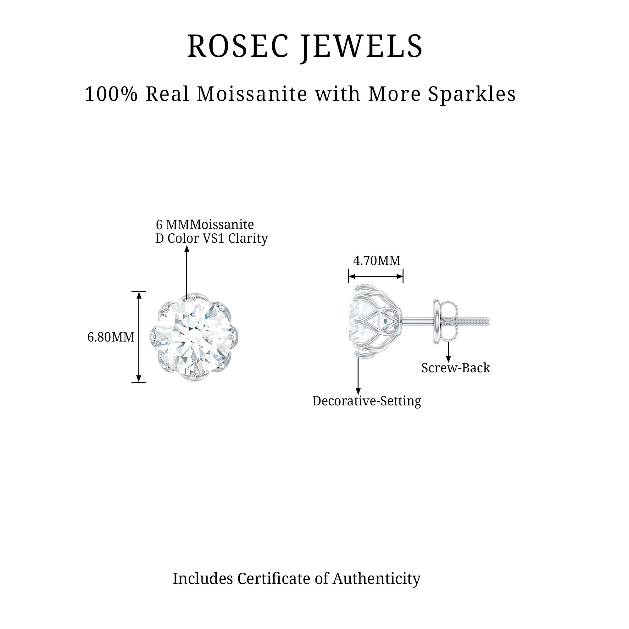 2 CT Certified Moissanite Solitaire Stud Earrings in Silver Moissanite - ( D-VS1 ) - Color and Clarity 92.5 Sterling Silver - Rosec Jewels