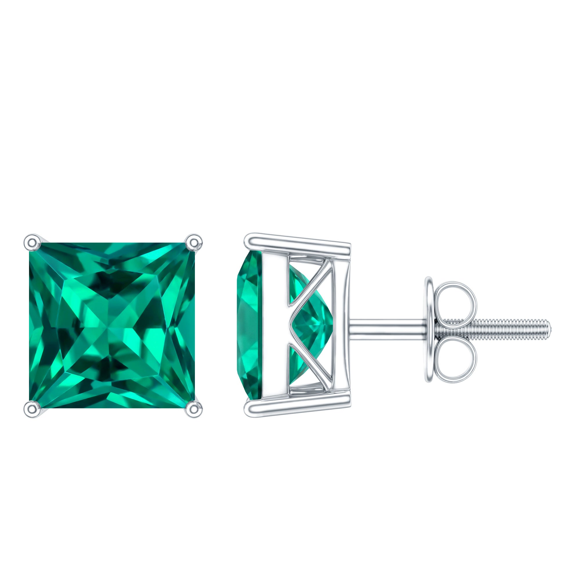 4 Carat Princess Cut Lab Grown Emerald Solitaire Stud Earrings AAAA - Rosec Jewels
