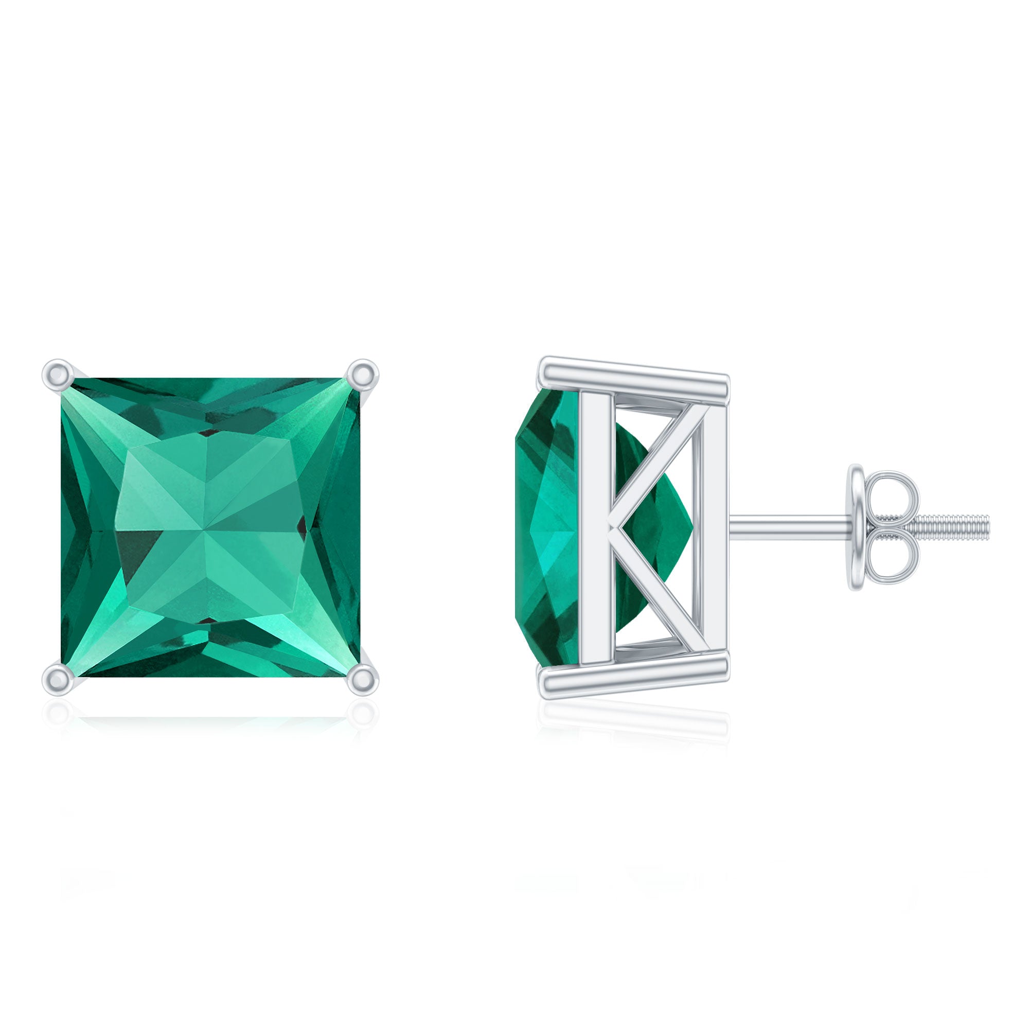 10 Carat Princess Cut Lab Grown Emerald Solitaire Stud Earrings AAAA - Rosec Jewels