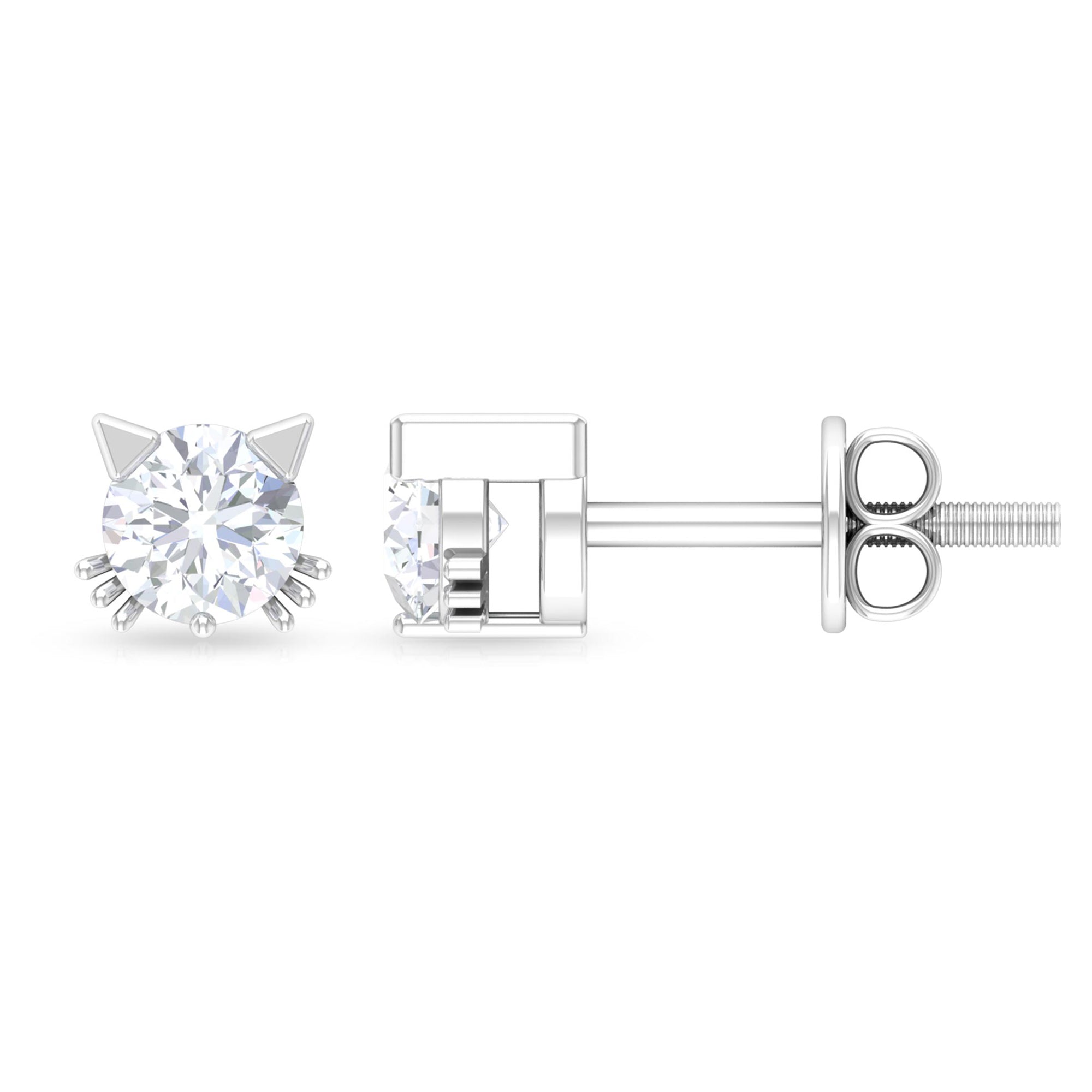 Cat Solitaire Stud Earrings with 4 MM Round Shape Moissanite in Prong Setting Moissanite - ( D-VS1 ) - Color and Clarity - Rosec Jewels