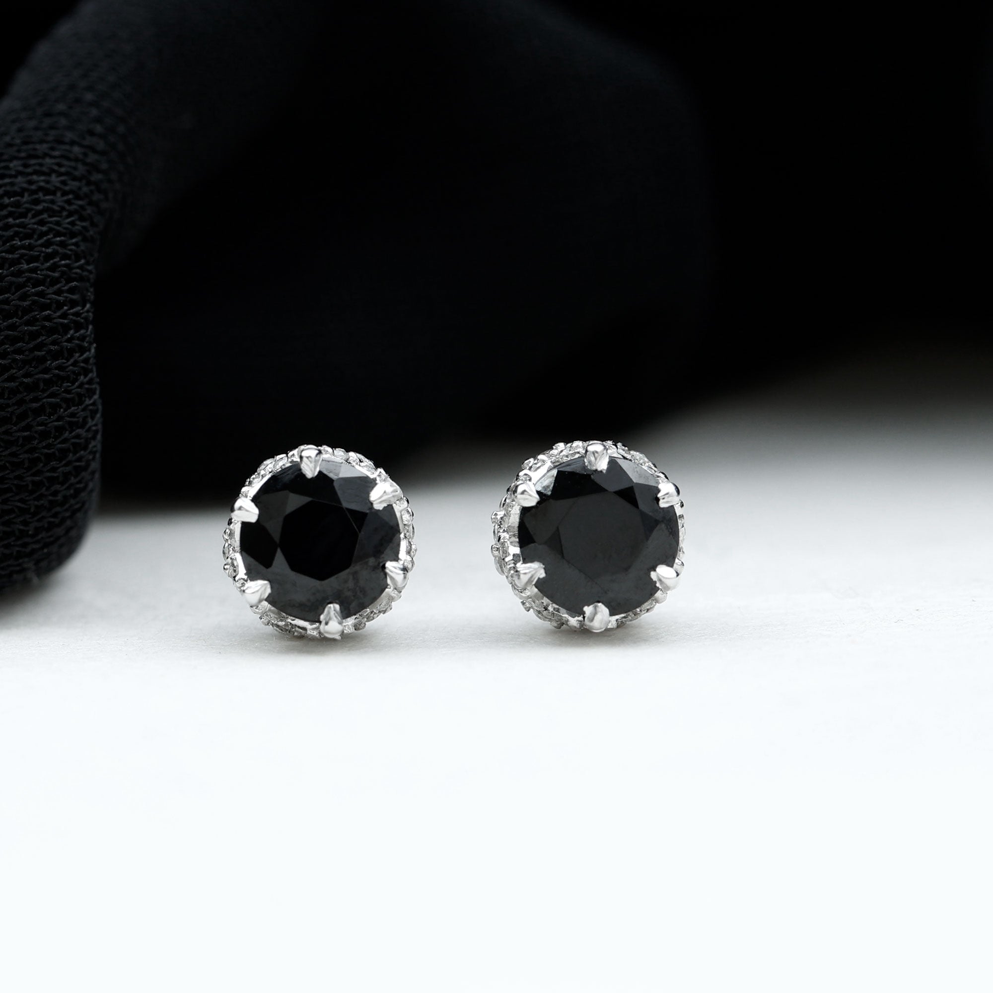 Lotus Basket Set Black Onyx Solitaire Stud Earrings with Diamond Accent Black Onyx - ( AAA ) - Quality - Rosec Jewels
