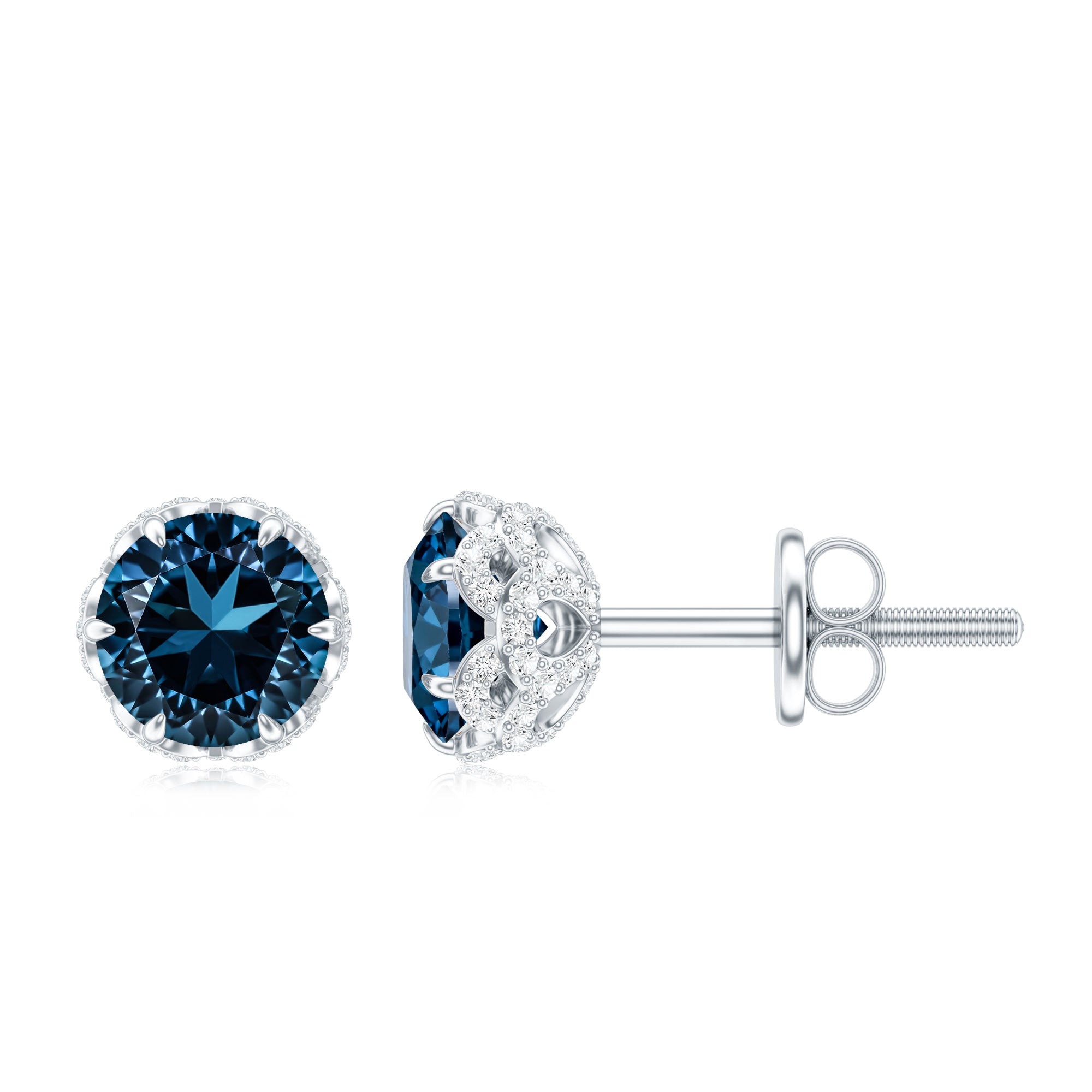 Designer London Blue Topaz Stud Earrings with Diamond AAA - Rosec Jewels
