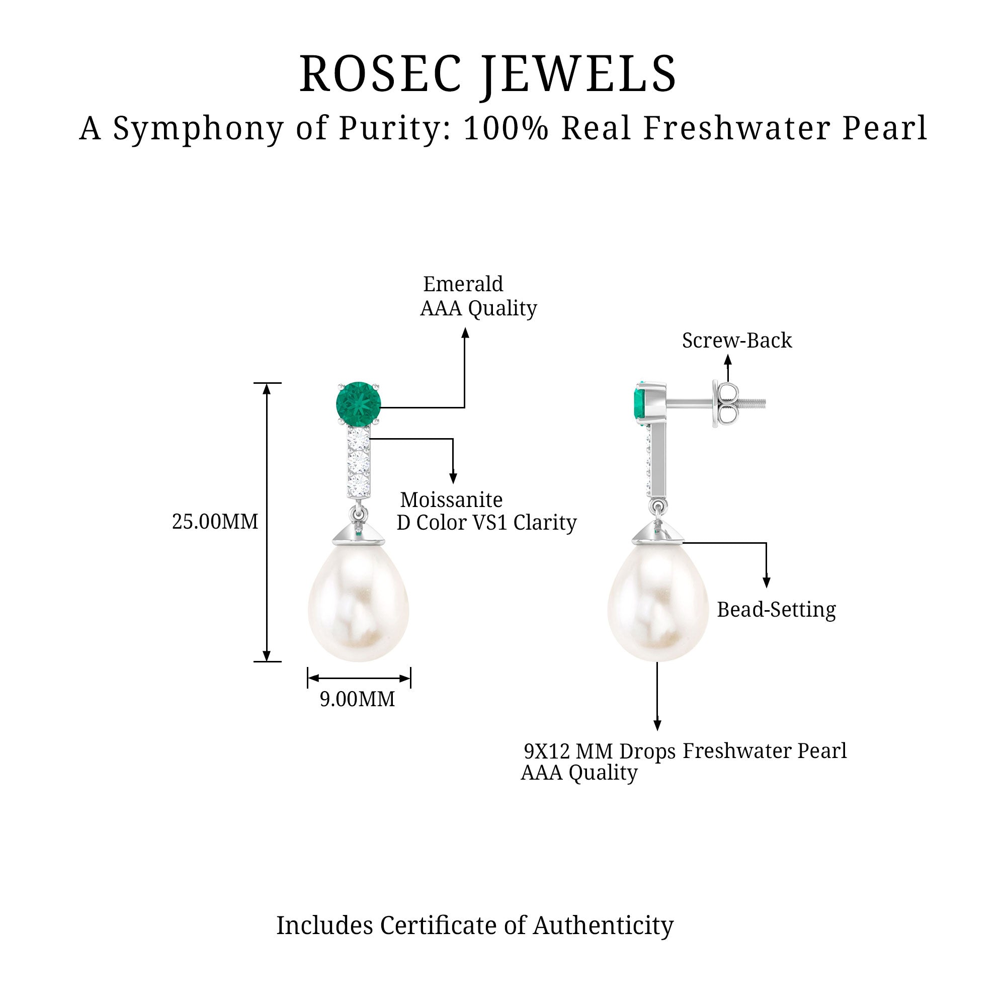 Freshwater Pearl Teardrop Earrings with Moissanite and Emerald Emerald - ( AAA ) - Quality - Rosec Jewels
