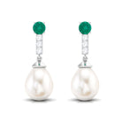Freshwater Pearl Teardrop Earrings with Moissanite and Emerald Emerald - ( AAA ) - Quality - Rosec Jewels