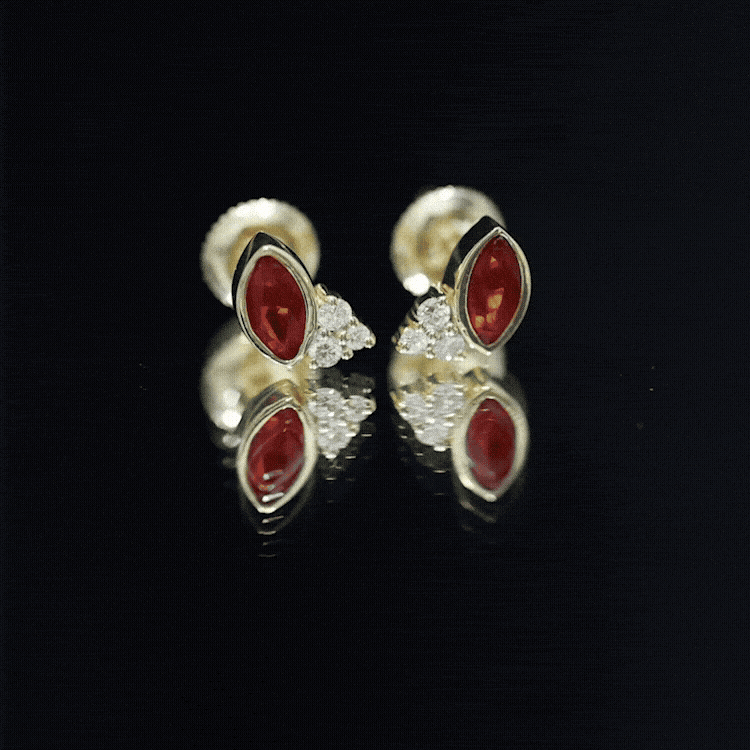 Real Half Carat Fire Opal Stud Earrings with Diamond AAA 14K Yellow Gold Plated Silver - Rosec Jewels
