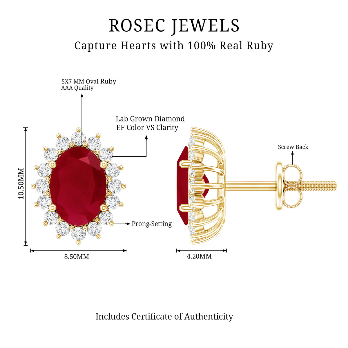 Natural 2 Carat Ruby Stud Earrings With Diamond Halo AAA 14K Yellow Gold Plated Silver - Rosec Jewels