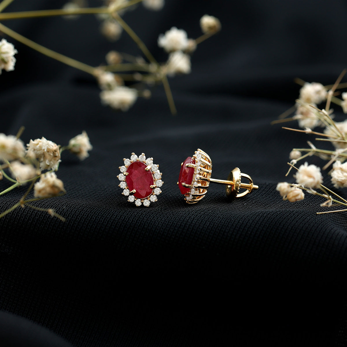 Natural 2 Carat Ruby Stud Earrings With Diamond Halo AAA 14K Yellow Gold Plated Silver - Rosec Jewels