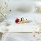 Natural 2 Carat Ruby Stud Earrings With Diamond Halo AAA 14K Yellow Gold Plated Silver - Rosec Jewels