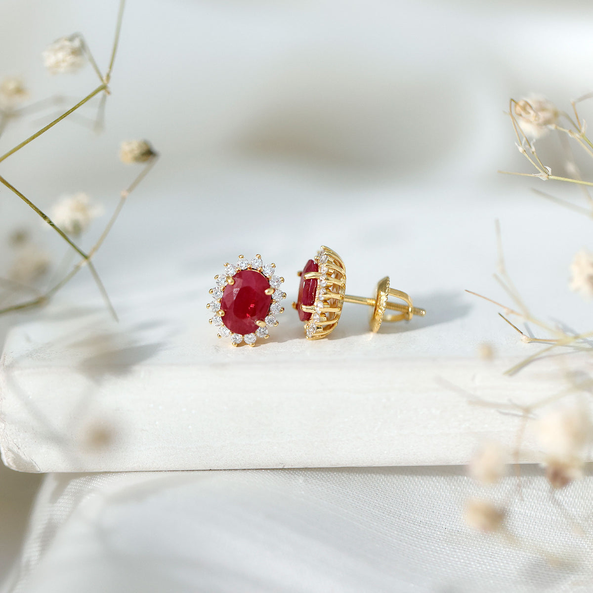 Natural 2 Carat Ruby Stud Earrings With Diamond Halo AAA 14K Yellow Gold Plated Silver - Rosec Jewels
