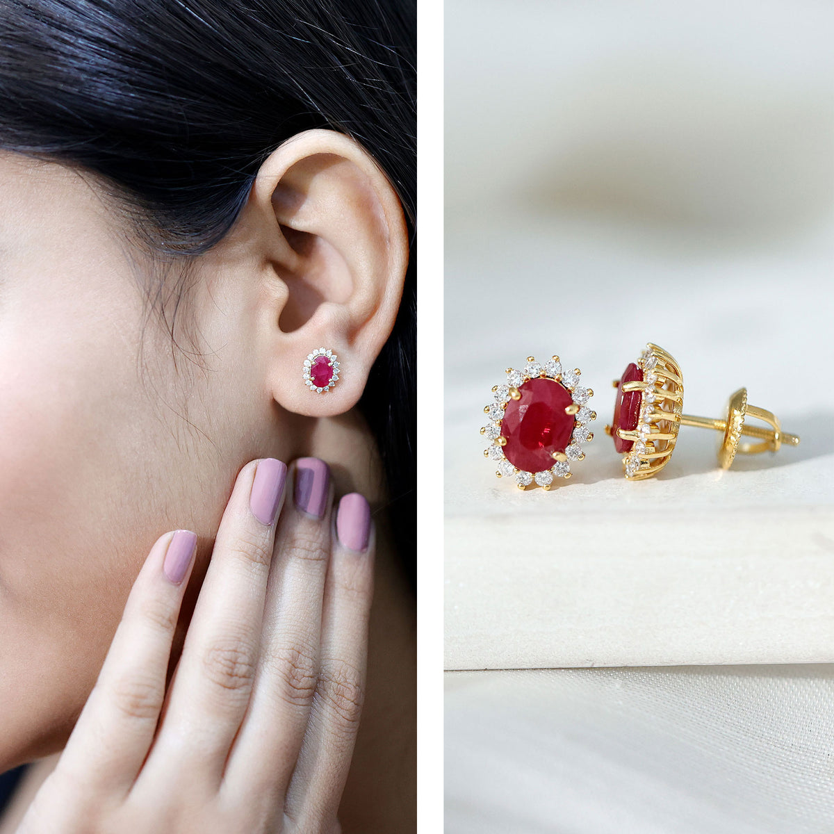 Natural 2 Carat Ruby Stud Earrings With Diamond Halo AAA 14K Yellow Gold Plated Silver - Rosec Jewels