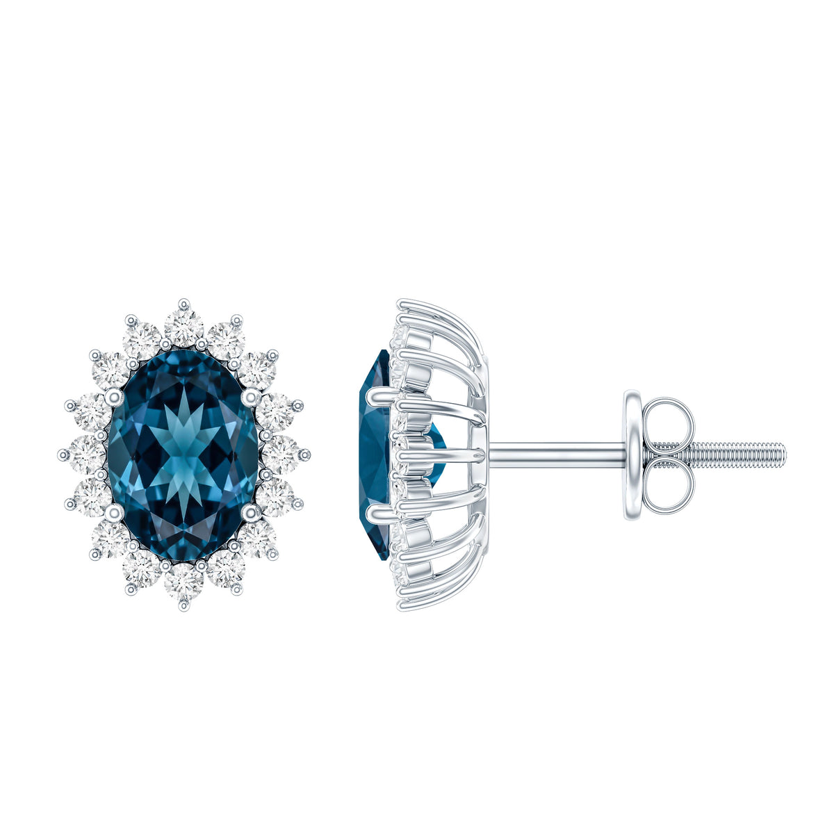 1.6 Carat Oval London Blue Topaz Stud Earrings with Diamond Halo AAA 92.5 Sterling Silver - Rosec Jewels