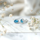 1.6 Carat Oval London Blue Topaz Stud Earrings with Diamond Halo AAA 92.5 Sterling Silver - Rosec Jewels
