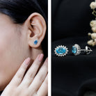 1.6 Carat Oval London Blue Topaz Stud Earrings with Diamond Halo AAA 92.5 Sterling Silver - Rosec Jewels
