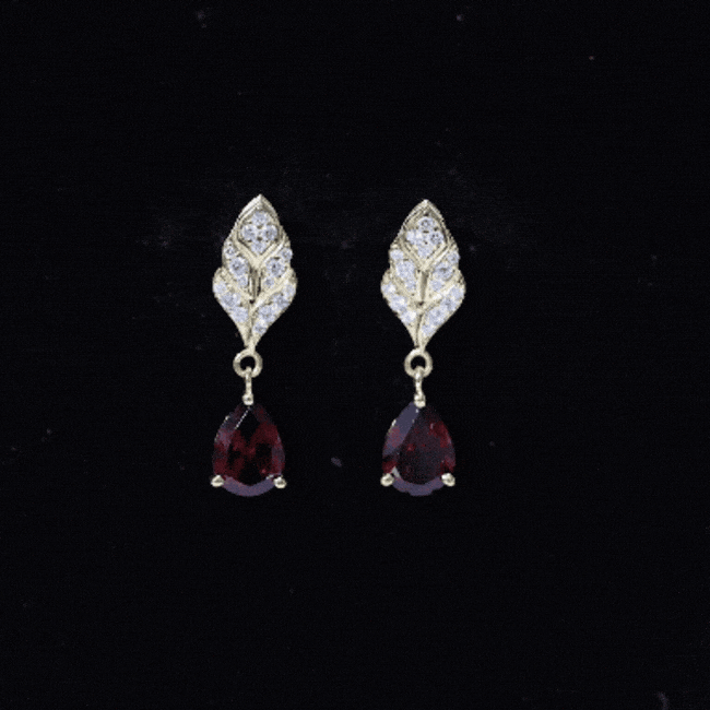 Genuine 3 Carat Garnet Teardrop Earrings with Diamond Leaf AAA 14K Yellow Gold Plated Silver - Rosec Jewels