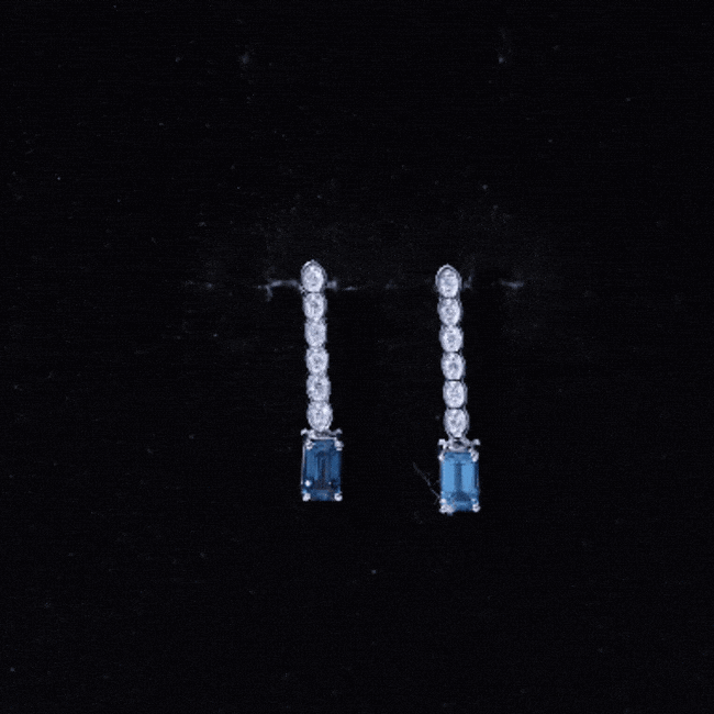 Half Carat Emerald Cut London Blue Topaz Dangle Drop Earrings with Diamond AAA 92.5 Sterling Silver - Rosec Jewels