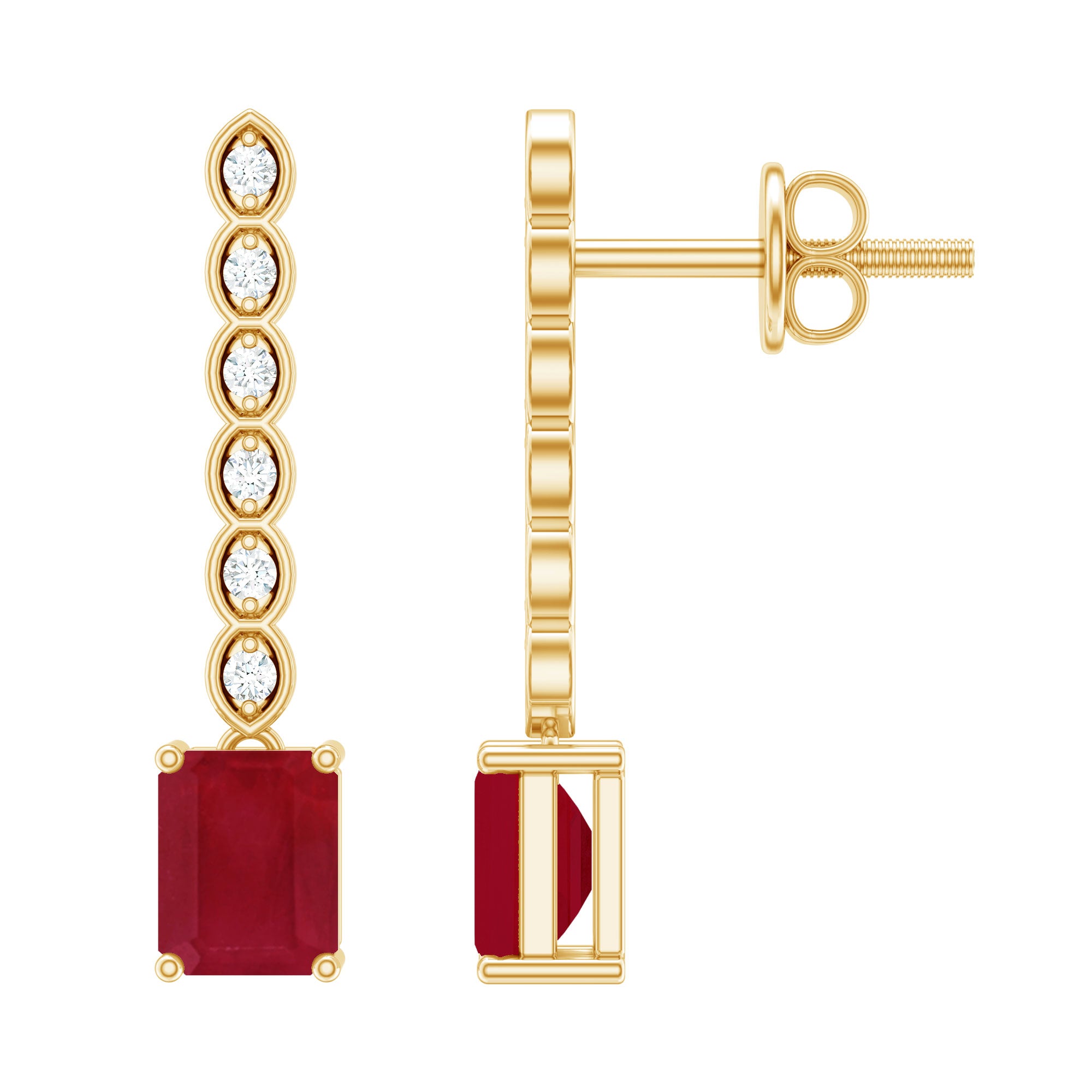 Rosec Jewels-Emerald Cut Ruby and Diamond Dangle Drop Earrings