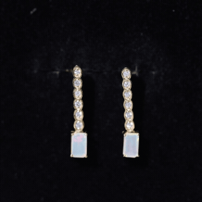 Emerald Cut Ethiopian Opal Drop Earrings with Lab Diamond AAA 14K Yellow Gold Plated Silver - Rosec Jewels