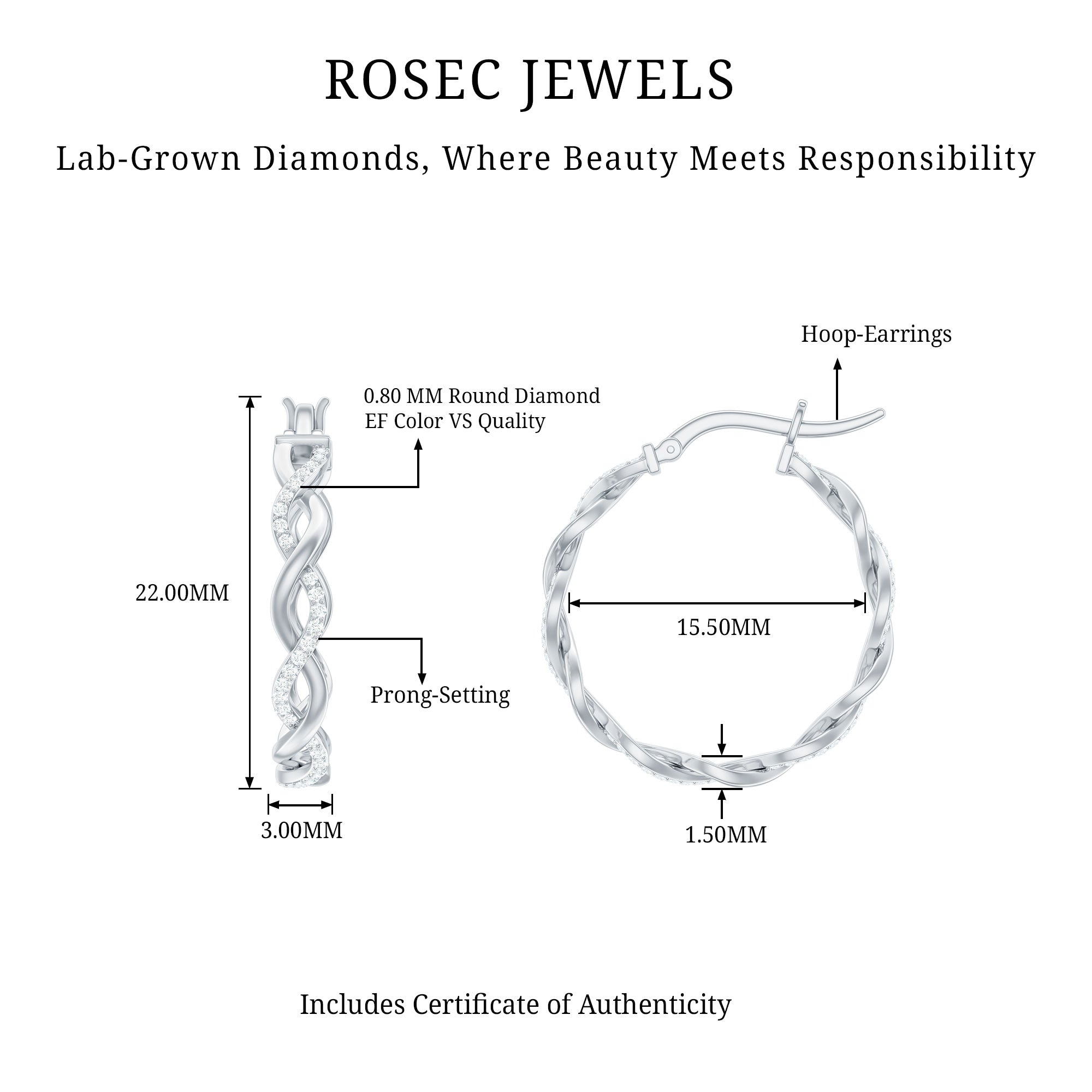 Rosec Jewels-Certified Lab Created Diamond Hoops for Women