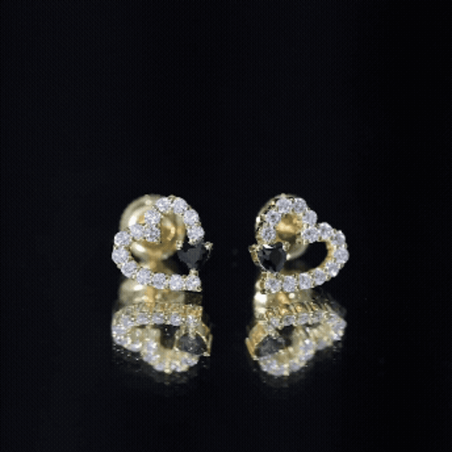 Lab Created Black and White Diamond Heart Stud Earrings in Silver AAAA ( Synthetic ) 14K Yellow Gold Plated Silver - Rosec Jewels