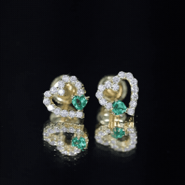Lab Grown Emerald and Diamond Heart Stud Earrings in Yellow Gold Plated Silver AAAA 14K Yellow Gold Plated Silver - Rosec Jewels