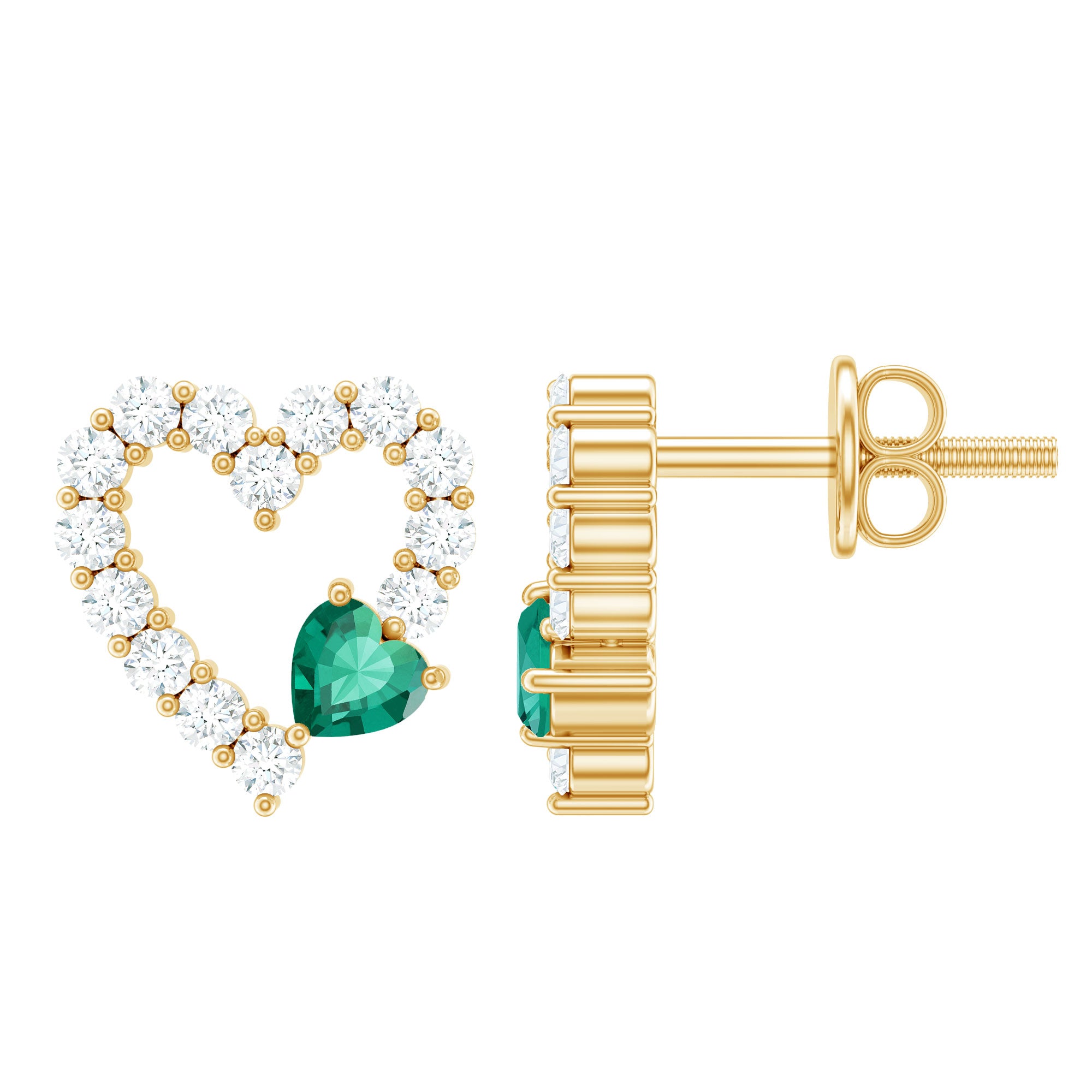 Lab Created Emerald and Diamond Heart Stud Earrings in Silver