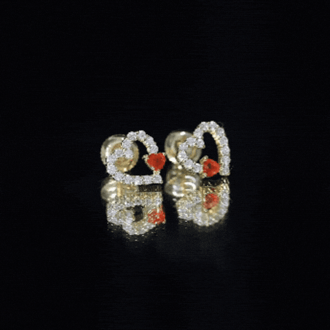 Certified Fire Opal and Diamond Heart Stud Earrings in Silver AAA 14K Yellow Gold Plated Silver - Rosec Jewels
