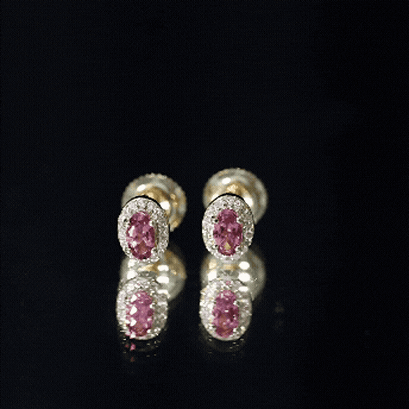 Genuine Oval Shaped Pink Tourmaline and Diamond Halo Stud Earrings AAA 14K Yellow Gold Plated Silver - Rosec Jewels