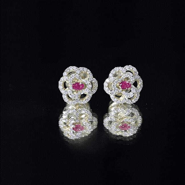Certified Lab Grown Ruby Flower Stud Earrings with Diamond AAAA 14K Yellow Gold Plated Silver - Rosec Jewels