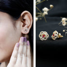 Certified Real Ruby Flower Stud Earrings with Diamonds AAA 14K Yellow Gold Plated Silver - Rosec Jewels