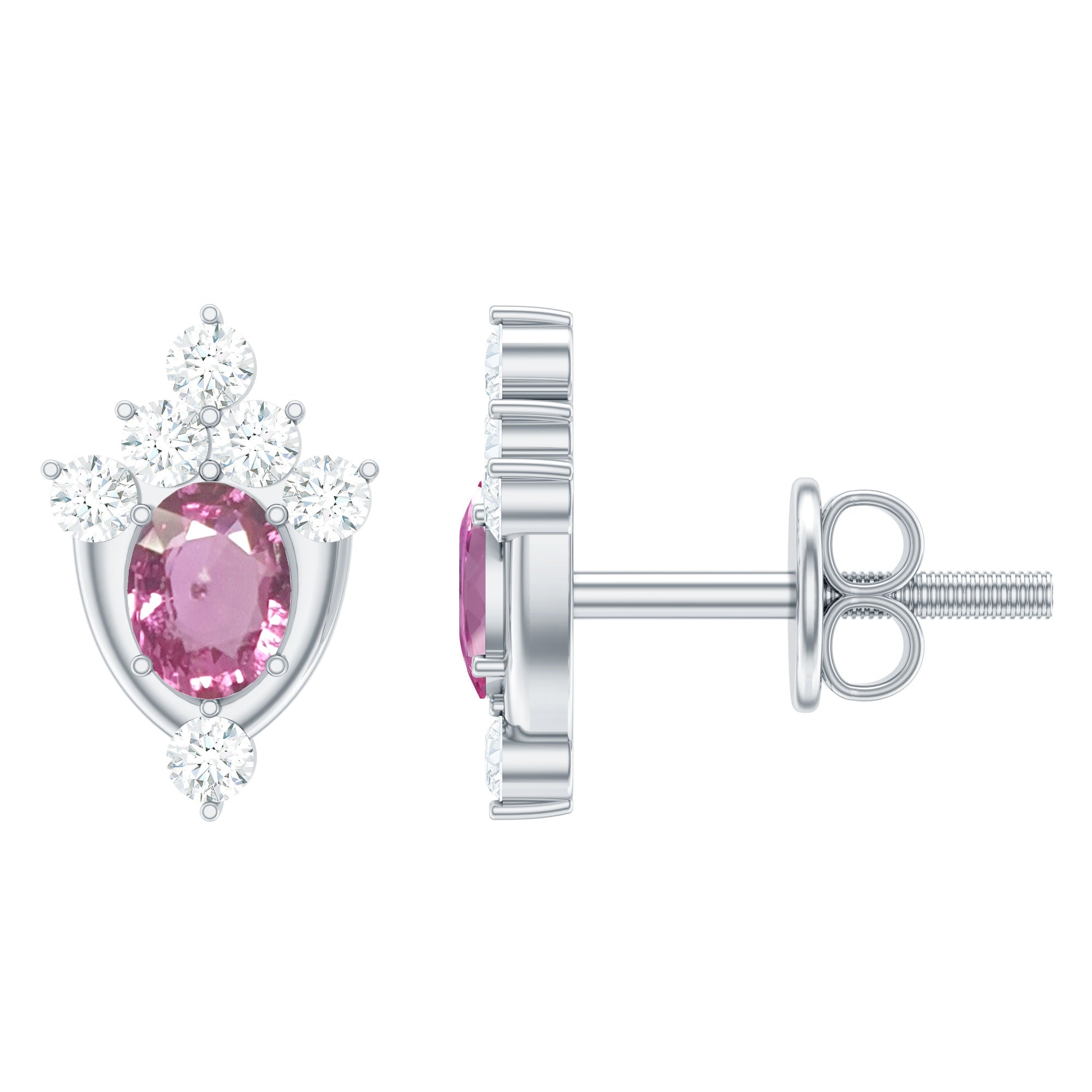 Oval Cut Pink Sapphire and Diamond Stud Earrings for Women