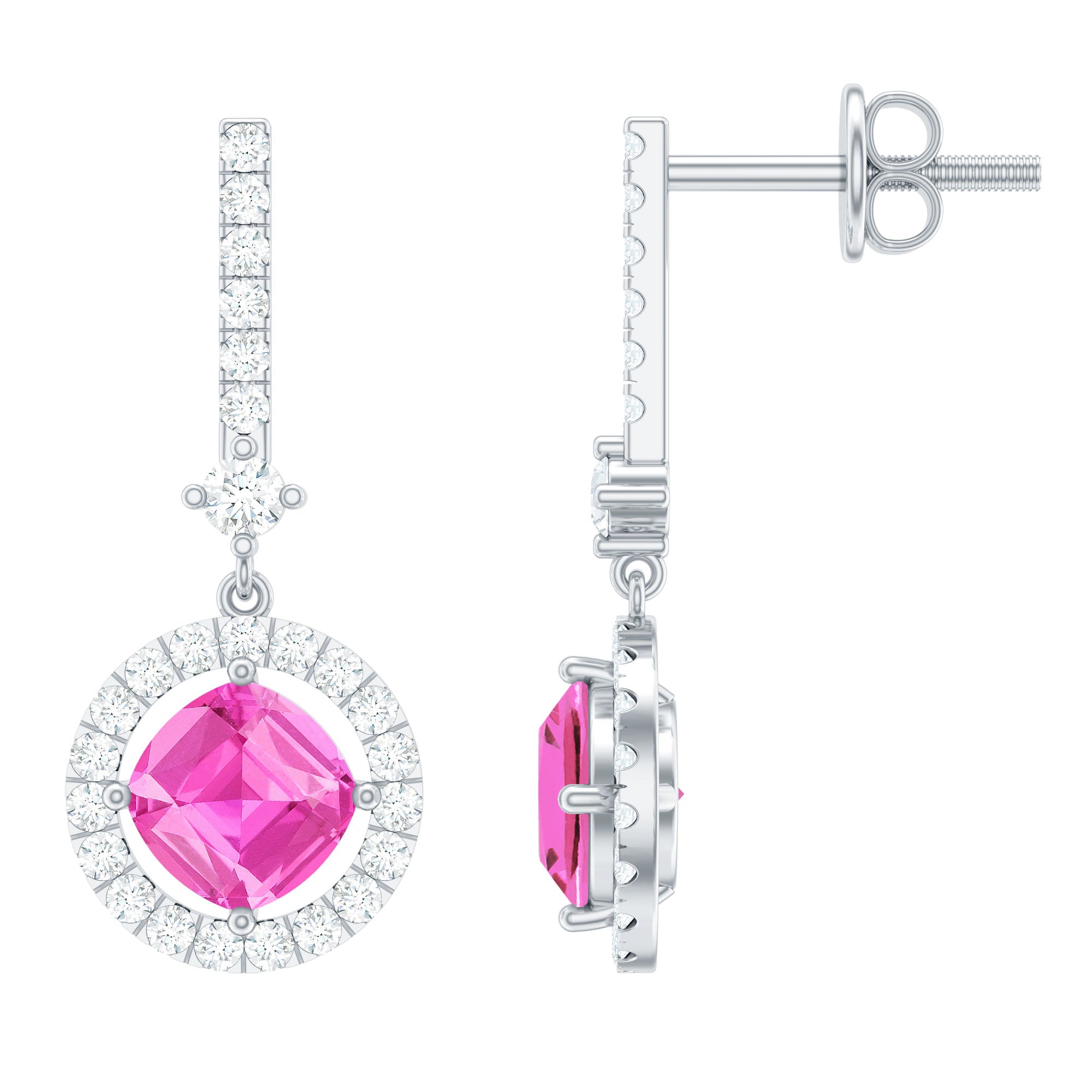 Lab Grown Pink Sapphire and Diamond Bridal Earrings in Silver