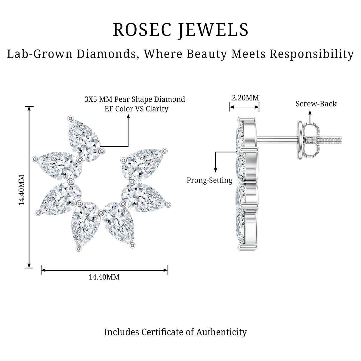 Rosec Jewels-Pear Cut Lab Grown Diamond Flower Stud Earrings with Screw Back