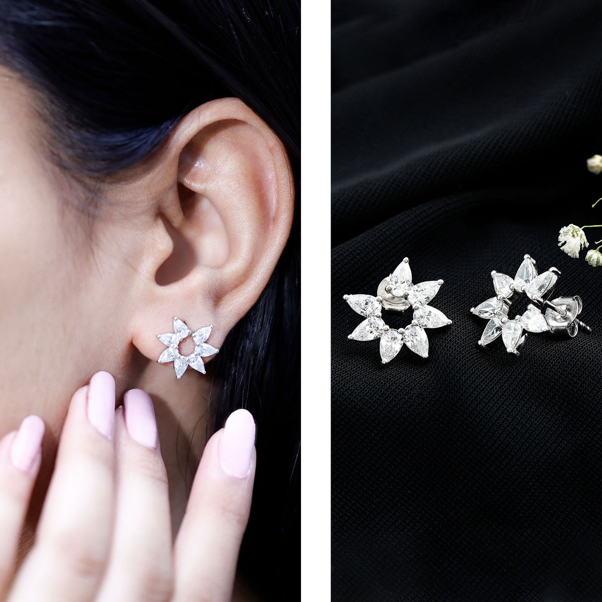Rosec Jewels-Pear Cut Lab Grown Diamond Flower Stud Earrings with Screw Back