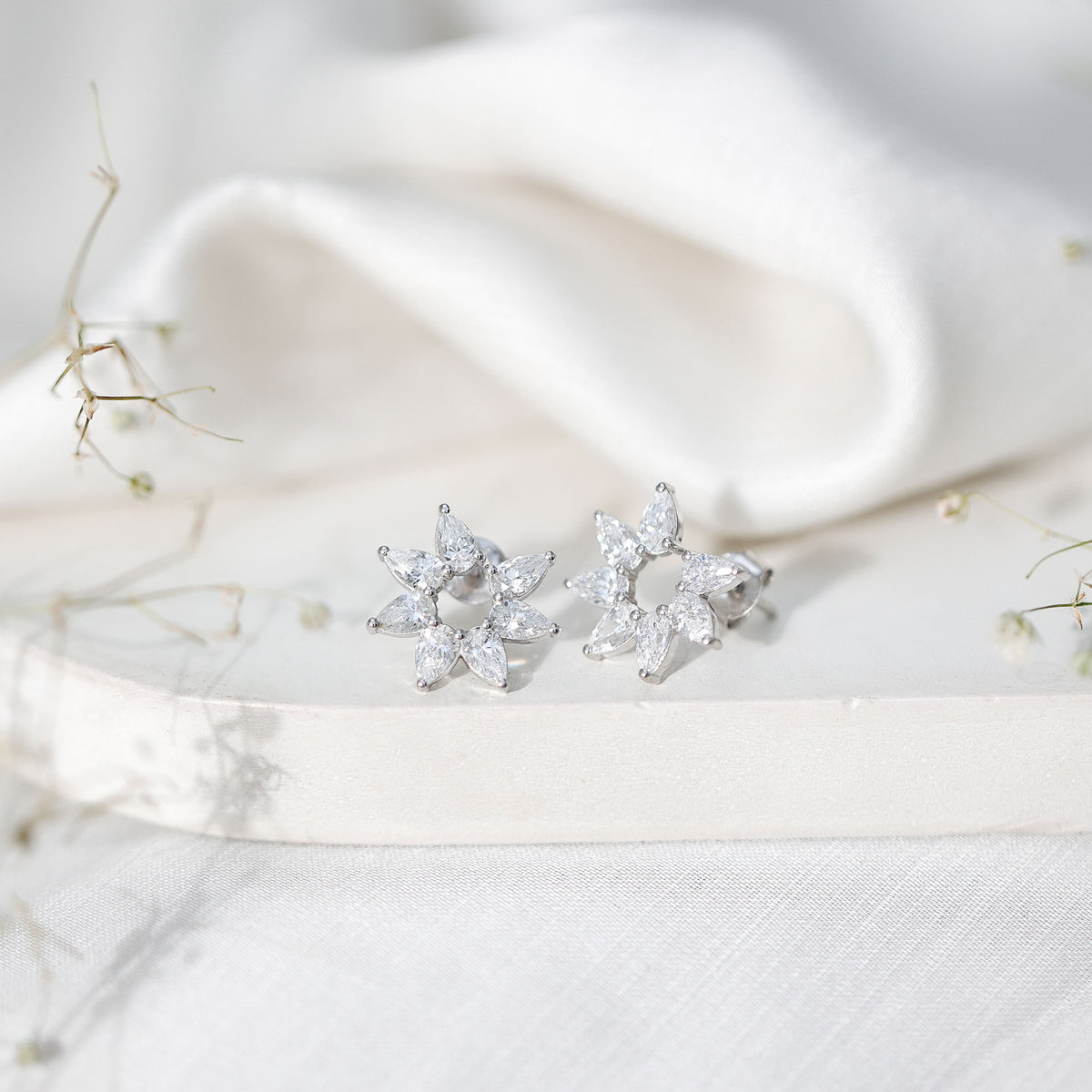 Rosec Jewels-Pear Cut Lab Grown Diamond Flower Stud Earrings with Screw Back