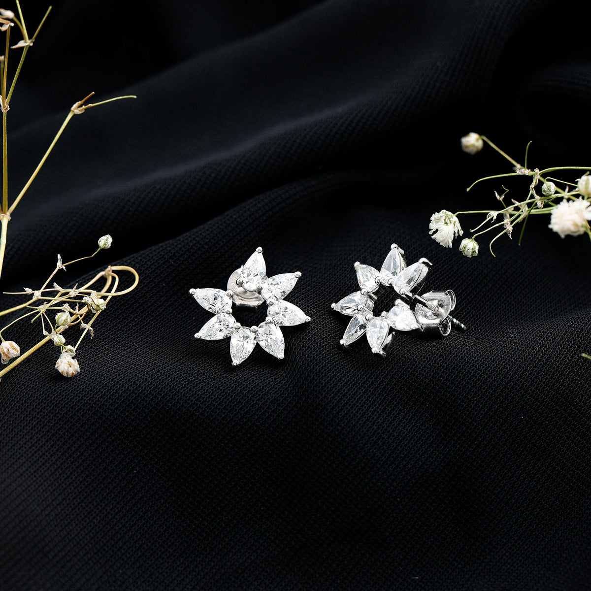 Rosec Jewels-Pear Cut Lab Grown Diamond Flower Stud Earrings with Screw Back