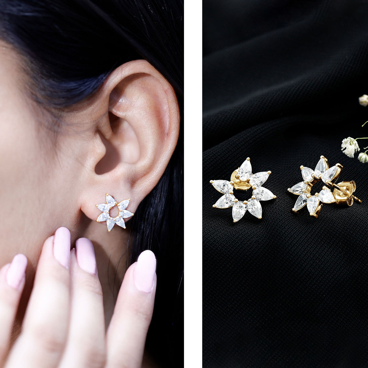 Rosec Jewels-Pear Cut Lab Grown Diamond Flower Stud Earrings with Screw Back