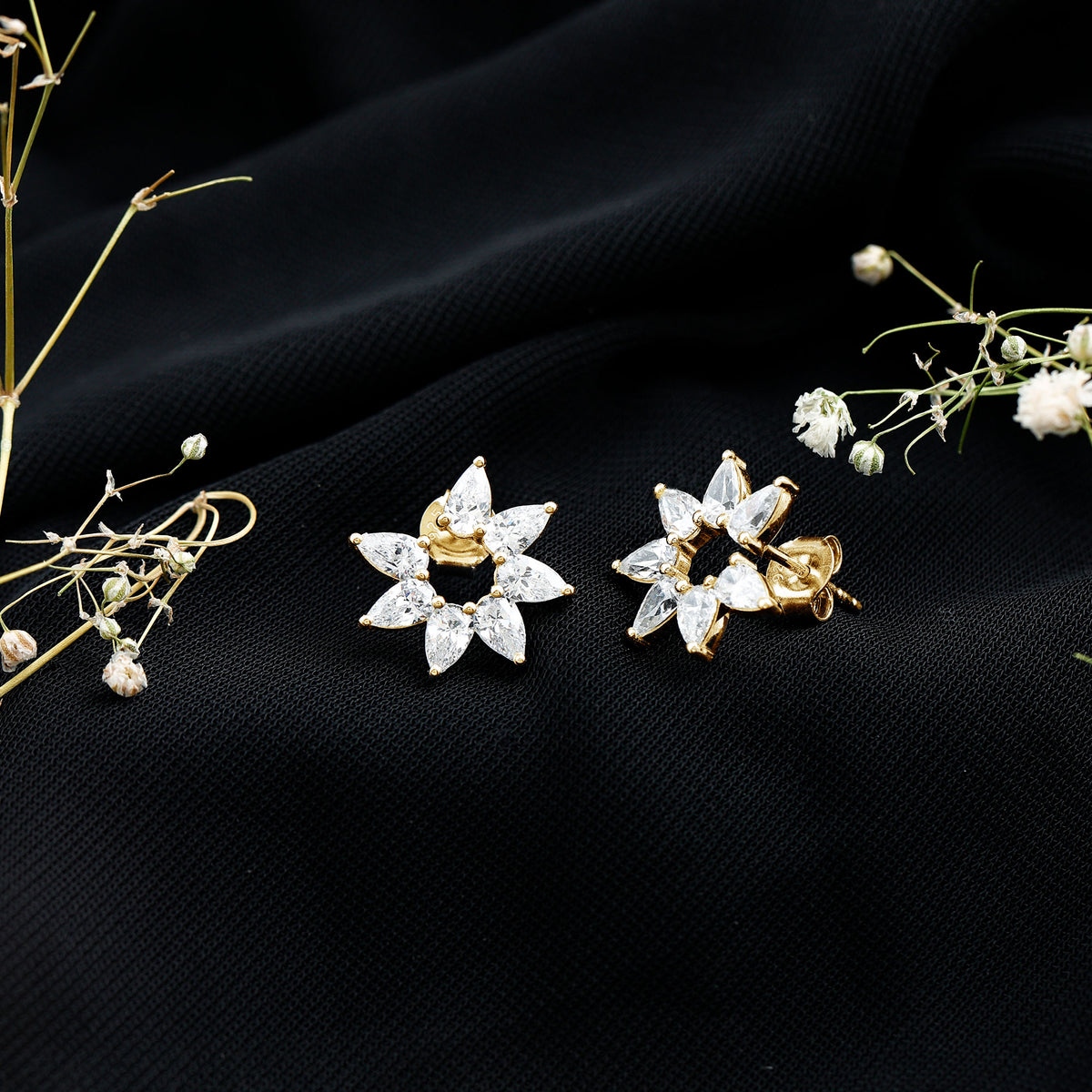 Rosec Jewels-Pear Cut Lab Grown Diamond Flower Stud Earrings with Screw Back