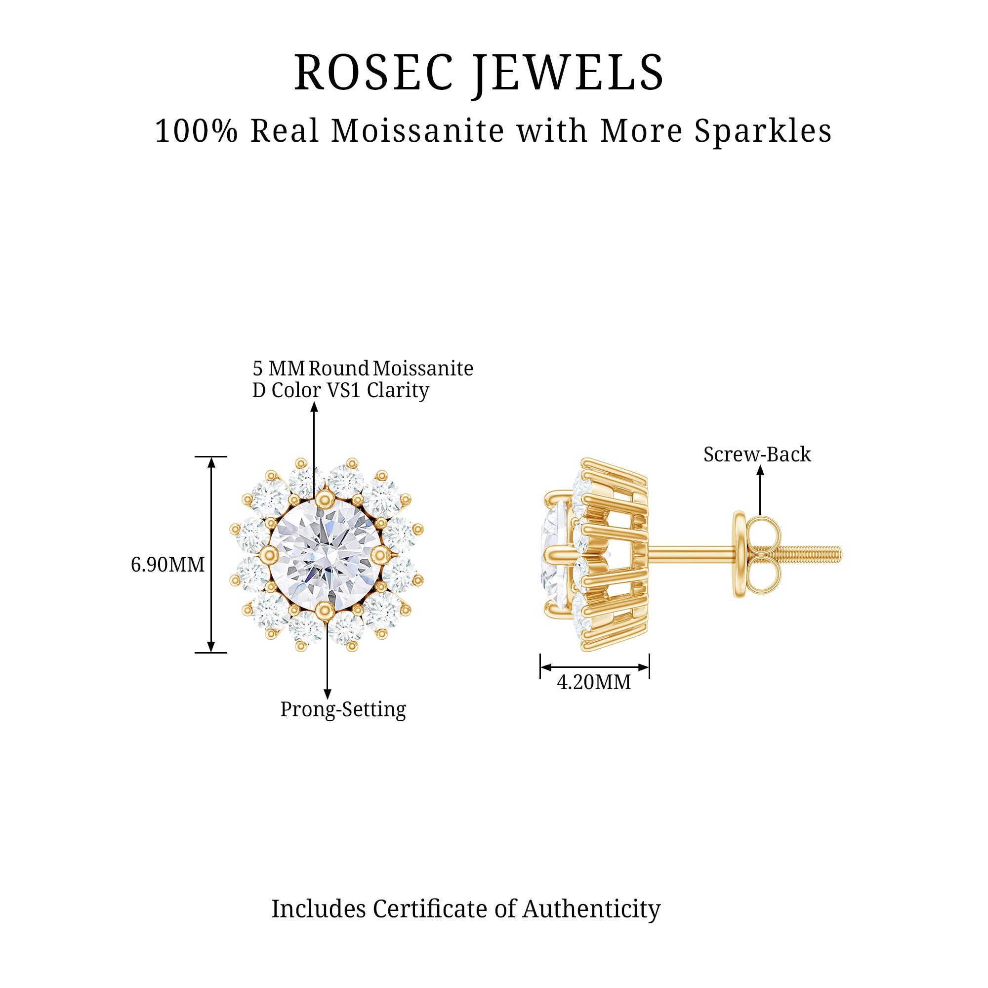 Round Moissanite Flower Cluster Stud Earrings Moissanite - ( D-VS1 ) - Color and Clarity - Rosec Jewels
