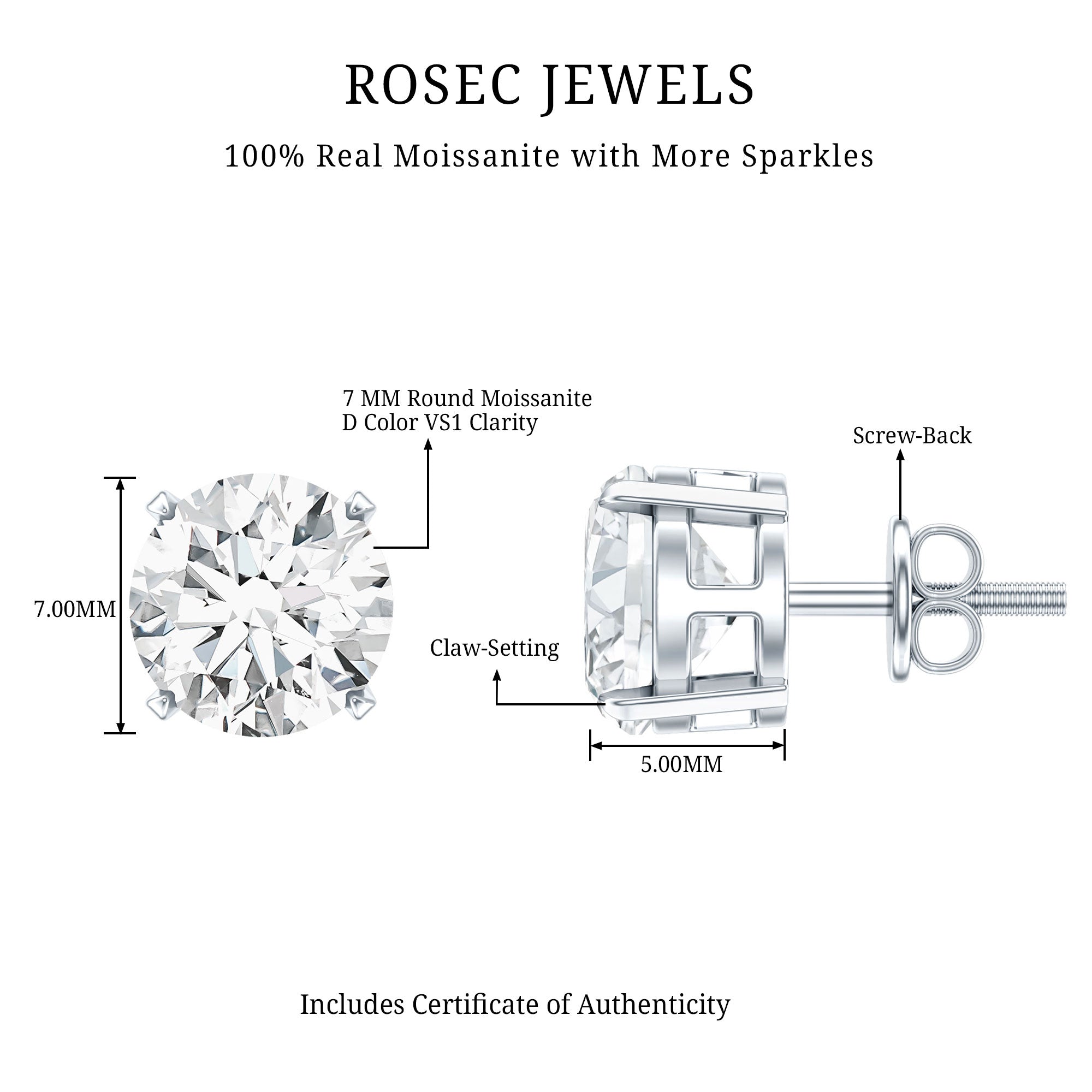Certified 2.7 Carat Moissanite Stud Earrings in Silver D-VS1 92.5 Sterling Silver - Rosec Jewels