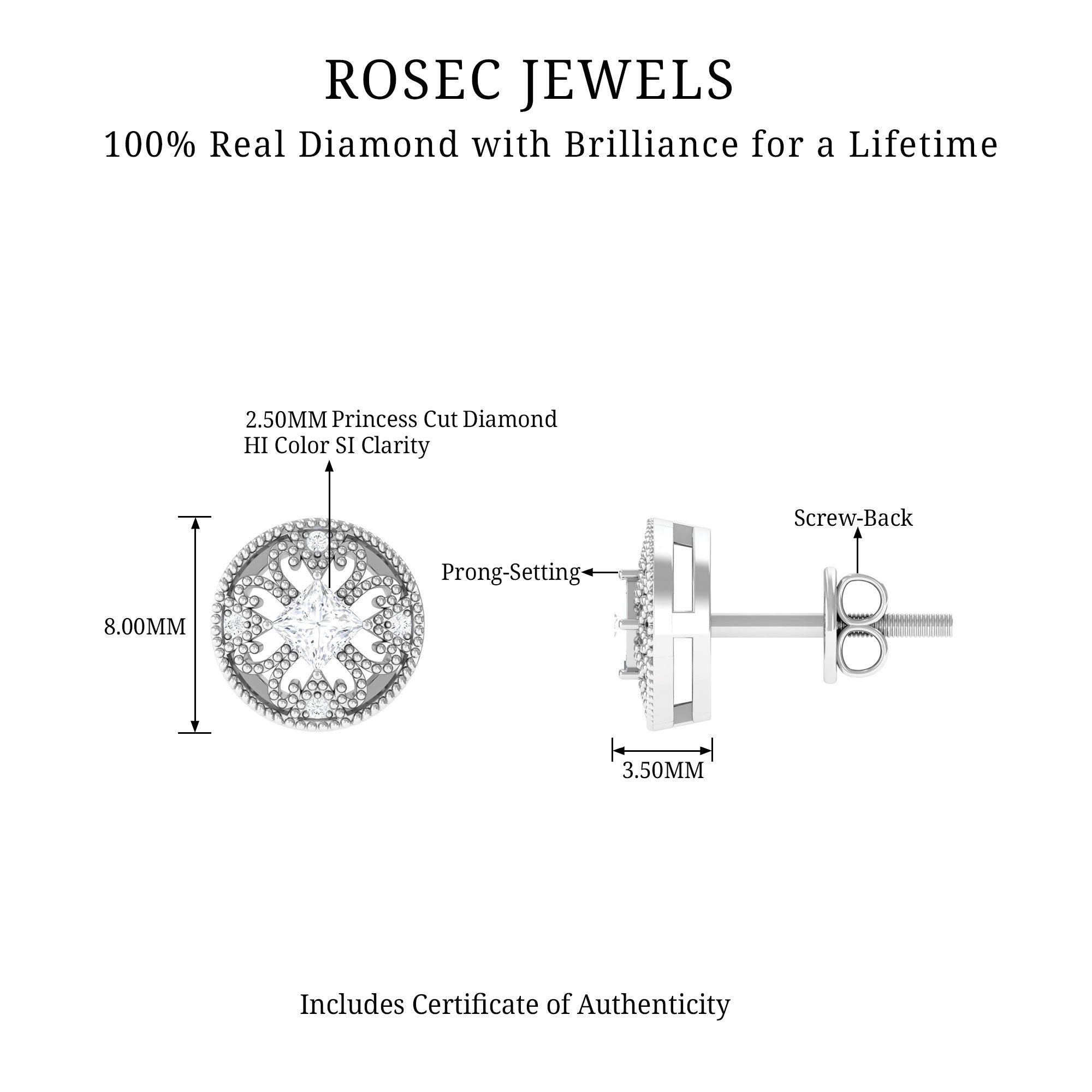 Real Diamond Vintage Milgrain Stud Earrings Diamond - ( HI-SI ) - Color and Clarity - Rosec Jewels